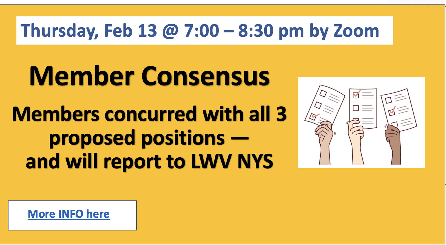 Announcement for a Zoom meeting on Thursday, Feb 13, at 7:00–8:30 pm about member consensus on three proposed positions, with a link for more info.